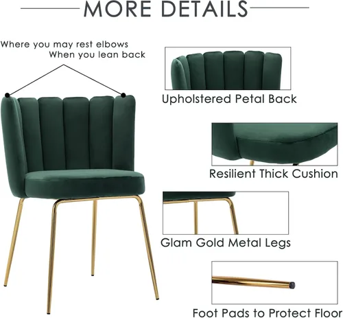Miniatura 5 de Juego de 2 sillas de comedor de terciopelo, sillas decorativas modernas con respaldo de pétalos y patas de metal dorado, cómodas sillas laterales