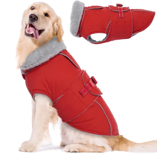 Miniatura 25 de Lelepet Abrigo cálido para perros – Chaleco reflectante impermeable de vellón con hebilla ajustable de gancho y bucle, chaqueta de invierno Rojo