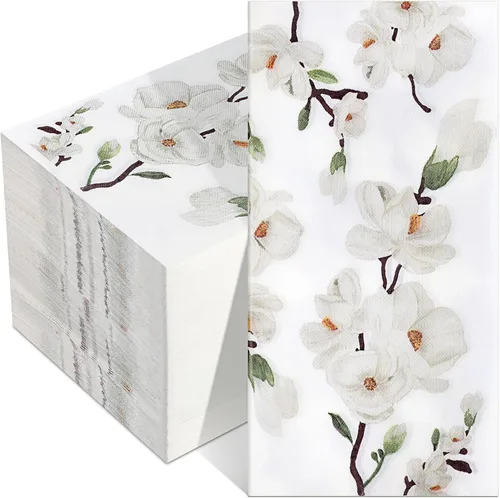 Outus 100 servilletas de mano desechables con diseño floral de magnolia blanca de 3 capas de flores de primavera, para baño, servilletas de papel