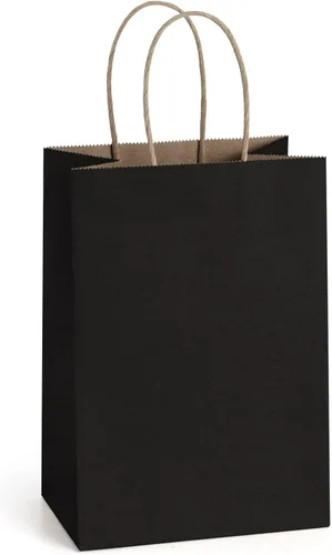 BagDream Bolsas de regalo, 100 bolsas de regalo pequeñas de papel kraft de 5.25 x 3 x 8 pulgadas con asas a granel, bolsas de papel negro para