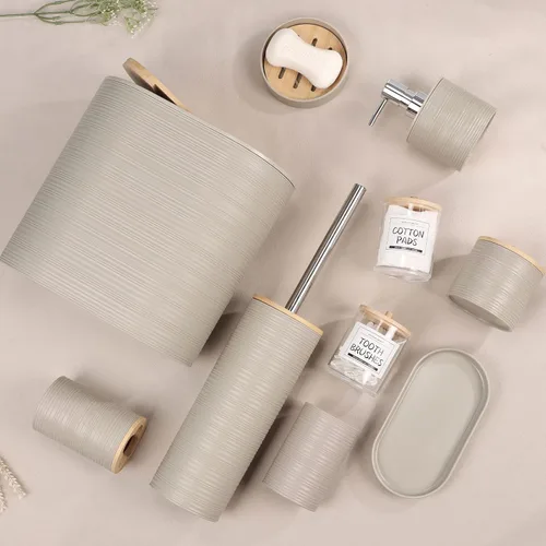 Miniatura 2 de IMAVO Juego de accesorios de baño - Juego de 11 piezas de accesorios de baño beige con cubo de basura, dispensador de jabón, jabonera, soporte