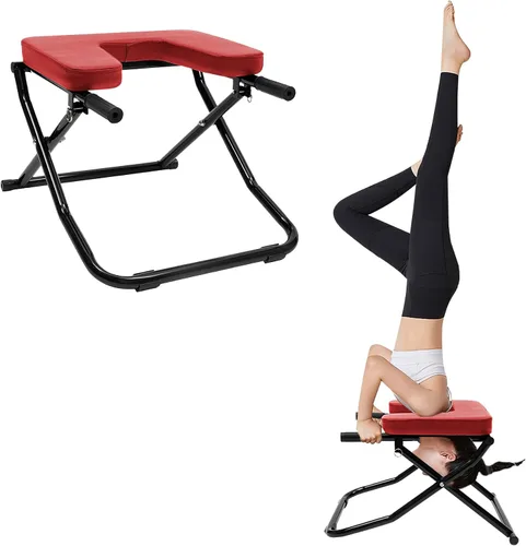 Banco de inversión de yoga, banco plegable de yoga con almohadillas de poliuretano, soporte de cabeza, silla al revés para entrenamiento de Rojo