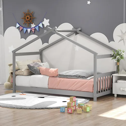 Miniatura 3 de KOMFOTT Cama de Casa de Madera Twin para Niños, Marco de Cama de Piso de Perfil Bajo con Techo, Cabecera y Pie de Cama para Niños y Niñas, No