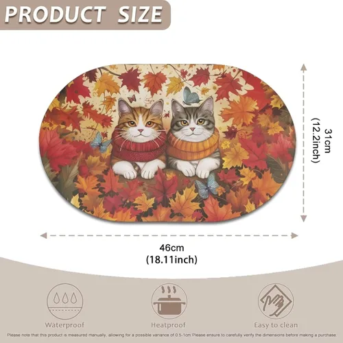 Miniatura 5 de Holiday Placemats Set of 2 Fall Cat Waterproof Wipeable Faux Leather Non Slip for Family Autumn Dinner Heat Resistant Table Mats Thanksgiving Easy