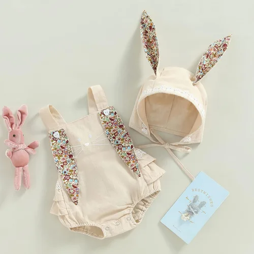 Miniatura 4 de Traje de Pascua para niñas pequeñas, mameluco bohemio con orejas de conejo, sin mangas, mameluco a juego para hermanas