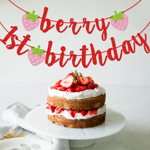 Miniatura 6 de Banner de primer cumpleaños de bayas, pancarta de fresa con purpurina, decoración de primer cumpleaños (rojo)