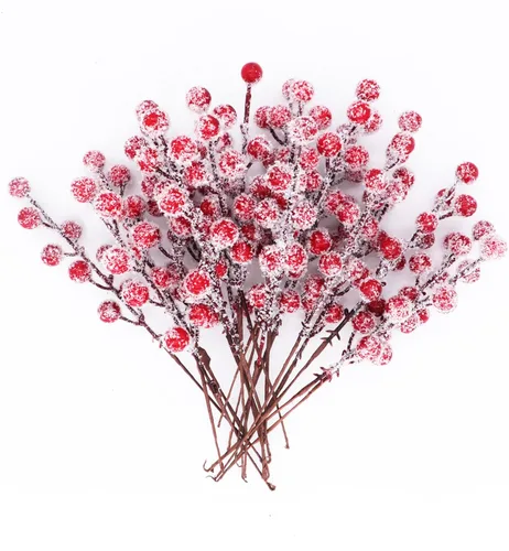 Miniatura 4 de 24 Piezas Tallos Artificiales de Bayas de Acebo de 9" Selecciones de Bayas de Navidad Rociadores Bayas Rojas Falsas Nevadas para Ramas de Árbol