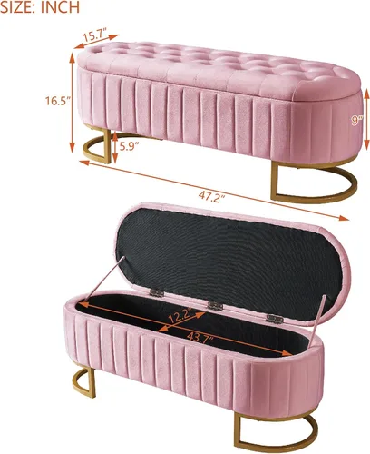 Miniatura 2 de CALABASH Banco otomano de almacenamiento rosa para el extremo de la cama, patas doradas, banco moderno de terciopelo con botones, acolchado tapizado