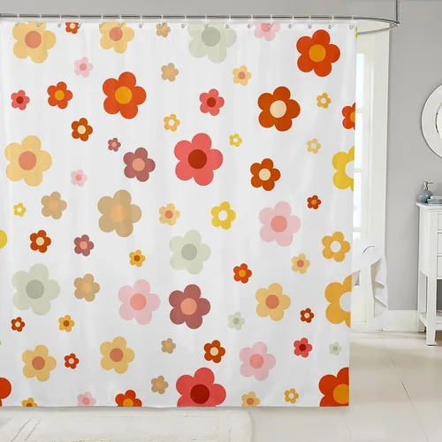 Miniatura 37 de Cortina de baño de flores de margarita para niños y niñas, cortina de ducha floral para decoración de baño, 72 x 72 pulgadas, retro, floral