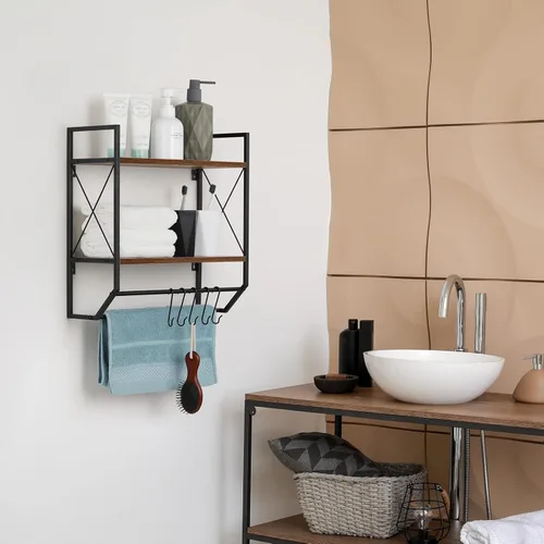 Miniatura 6 de Toallero de baño de 2 niveles con toallero, toallero rústico con estante para almacenamiento de pared con ganchos sobre estante de inodoro, estante