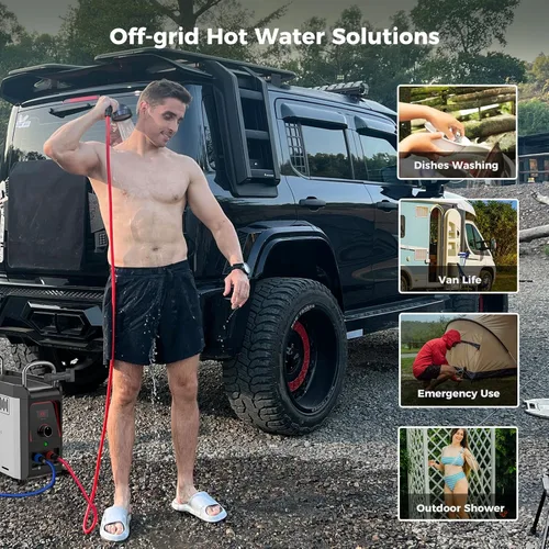 Miniatura 5 de CAMPLUX Nano 3 Calentador de agua portátil de propano con kit de bomba, diseño compacto y ligero, cables de bomba de conexión rápida y mangueras
