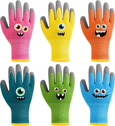 6 pares de guantes de jardinería para niños, guantes de trabajo para niños, guantes de jardín con revestimiento de goma para niños pequeños (talla L