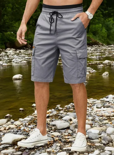 Miniatura 4 de JMIERR Pantalones cortos de sarga para hombre con cordón de algodón clásico elástico con 6 bolsillos