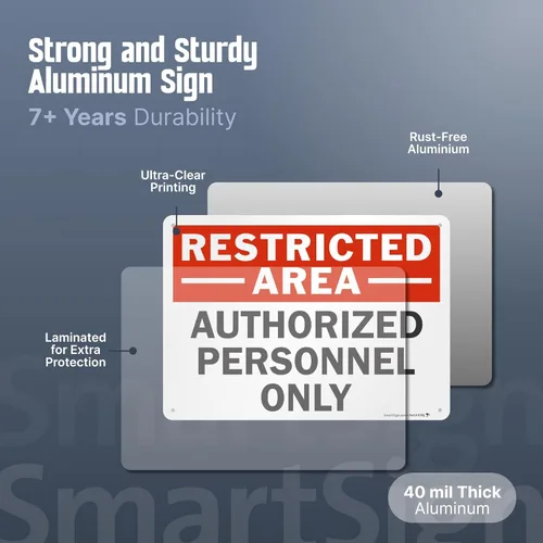 Miniatura 5 de SmartSign Letrero de metal con texto en inglés "Restricted Area - Authorized Personnel Only" de 10 x 14 pulgadas, aluminio laminado a prueba