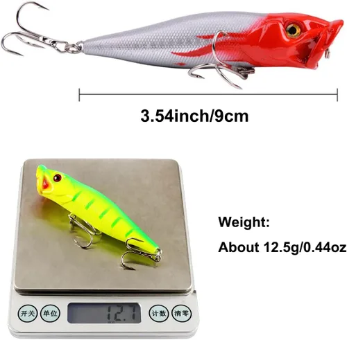 Miniatura 2 de Señuelos de pesca Popper cebo de pesca Topwater cebos duros ojos 3D Swimbait Crankbait con gancho de agudos para lubina, trucha, agua dulce y salada