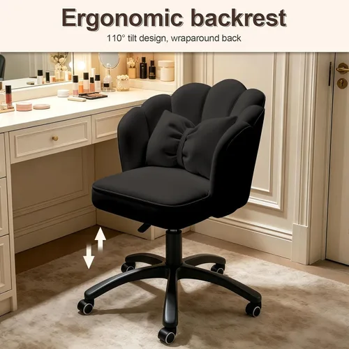 Miniatura 7 de Silla de escritorio Petal con cojín de arco, silla de terciopelo con ruedas, silla tapizada para oficina en casa para niñas y mujeres, sillas Negro