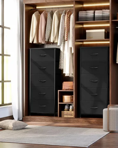 Miniatura 2 de Crestlive Products Torre de almacenamiento vertical para vestidor - Estructura resistente de acero, parte superior de madera, cajones de tela Negro