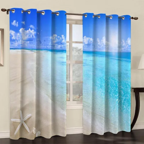 Miniatura 4 de Renaiss Cortinas opacas con diseño de mar tropical, nublado, cielo azul y verde azulado, estrella de mar transparente en playa arenosa, sala