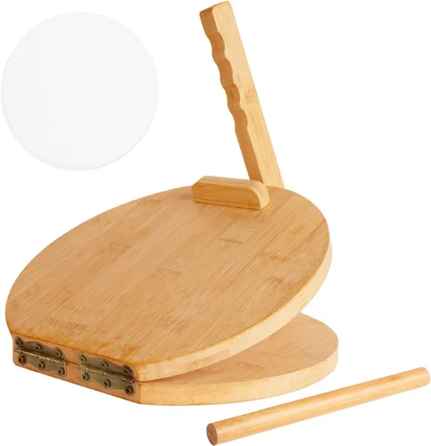 Miniatura 8 de Prensa de tortilla de madera de 10 pulgadas, con rodillo y 50 piezas de papel pergamino, para tortillera mexicana casera, roti, chapati, taco, Square