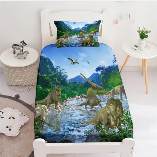 Miniatura 5 de Juego de sábanas de dinosaurios tamaño individual para niños, juego de sábanas bajeras realistas 3D de dinosaurio verde de la selva antigua, juego