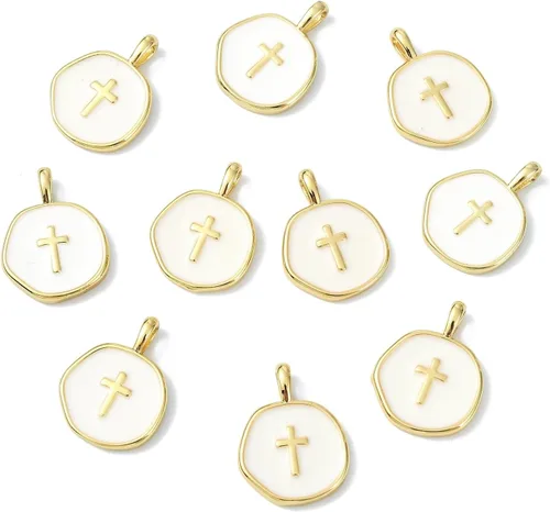 LiQunSweet 10 dijes religiosos de crucifijo de Jesús blanco esmaltado con cruz de color dorado de 0.709 x 0.531 in para decoración de manualidades,