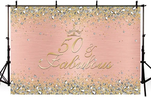 Miniatura 3 de MEHOFOND Telón de fondo de feliz cumpleaños 50 para mujer, decoración de fiesta de cumpleaños número 50, pancarta de diamantes, rosa y oro rosa, Oro