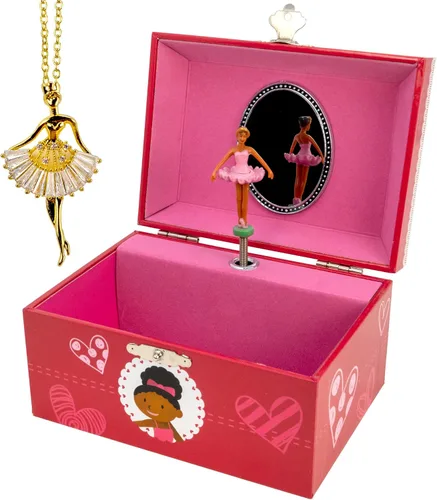 Caja de música de bailarina con corazones con collar de bailarina de color dorado