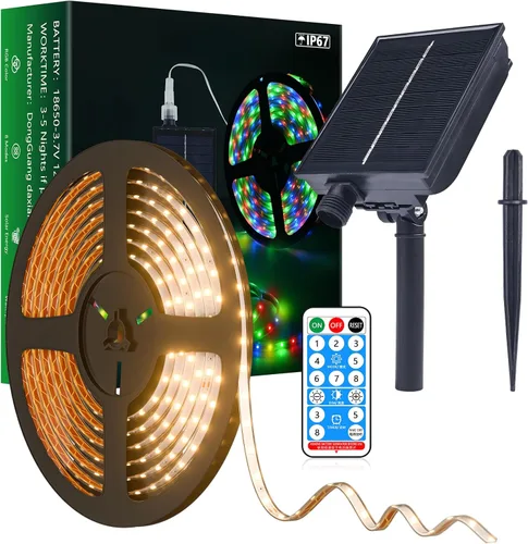 Miniatura 13 de MIHEAL Tira de luces LED solares para exteriores, 16.4 pies, 280 luces LED, funciona con energía solar, tira LED que cambia de color con 8 modos
