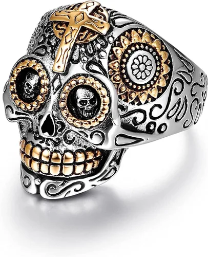 LAOYOU Sugar Skull Rings for Men Women, Stainless Steel Day of the Dead Mens Jewelry, Cool Biker Gothic Ring Christmas halloween Gifts