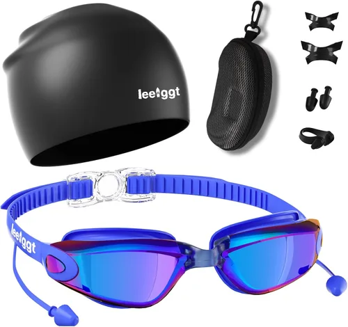Miniatura 8 de Juego de gafas de natación sin fugas, antivaho y anti-UV, clip de nariz, gorro de natación y estuche para hombres, mujeres y adultos Dorado