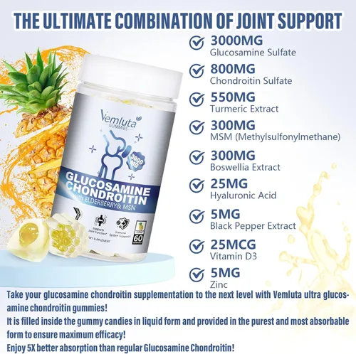Miniatura 3 de 1 paquete de gomitas de glucosamina y condroitina, suplemento de apoyo articular extra fuerte de 3000 mg con MSM, flexibilidad, gomitas