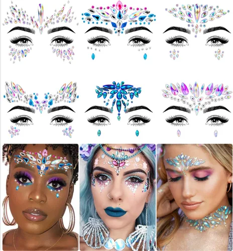 iMethod Joyas de cara de sirena – Gemas adhesivas, accesorios rave para festivales y disfraces de vacaciones, 6 piezas, multicolor