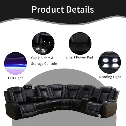 Miniatura 3 de Sofá modular reclinable eléctrico para sala de estar, moderno juego de sofá modular de cuero negro en forma de L, juego de sofá reclinable