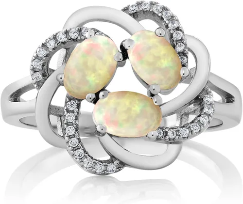 Miniatura 47 de Gem Stone King Flower Blossom Gemstone Birthstone Ring in 925 Sterling Silver 3-Stone Oval 6X4MM with Sparkling Accents Wedding Anniversary