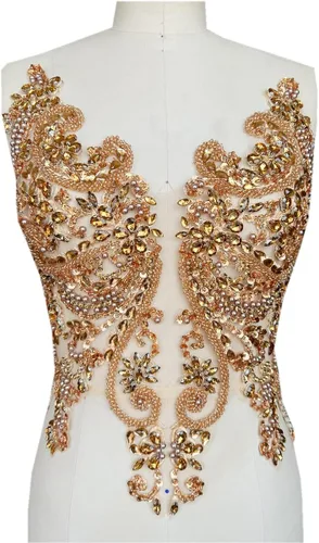 Miniatura 2 de Accesorios de apliques de encaje hechos a mano con diamantes de imitación puros para coser a mano, parches para vestido de novia de niña (champán)