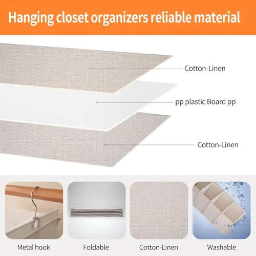 Miniatura 4 de Organizador colgante grande de suéter para armario, estantes colgantes plegables de 6 estantes con cajones, lavable (beige, 6 estantes)