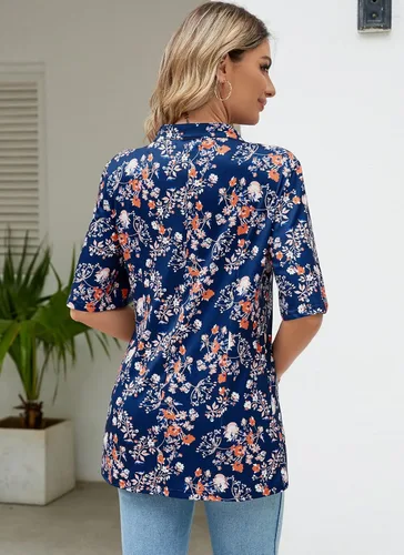Miniatura 6 de HOCOSIT - Camiseta de manga corta con olanes y cuello en V con estampado de flores, plisada y abotonada, para mujer