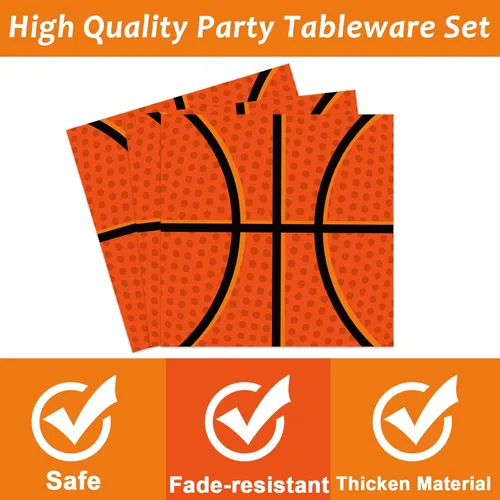 Miniatura 3 de Juego de vajilla de baloncesto de 96 piezas, platos desechables para fiestas deportivas, servilletas, tenedores, decoraciones de fiesta