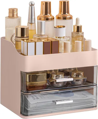 Miniatura 10 de DASITON Organizador de maquillaje con 2 cajones, organizador de cosméticos de maquillaje de gran capacidad para tocador, tocador de baño