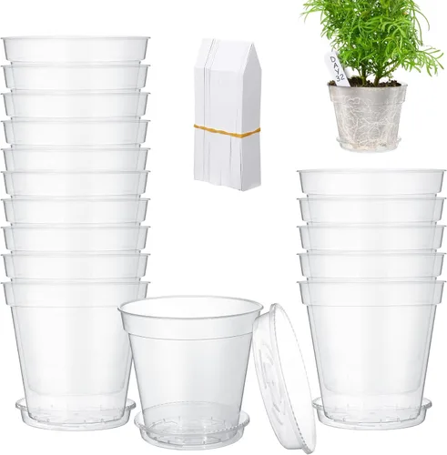 Hushee Juego de 10 macetas transparentes de 8 pulgadas para guardería, incluye 10 platillos y 100 etiquetas para plantas, maceta de plástico