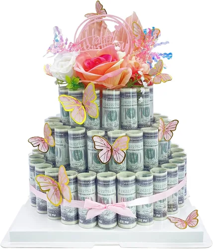 Caja de regalo en efectivo, caja de regalo feliz, pastel de flores, regalo sorpresa para el día de San Valentín (rosa de tres niveles)