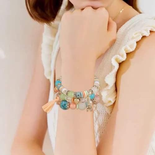 Miniatura 7 de Juego de pulseras apilables de cuentas para mujer y hombre juego de pulseras elásticas multicapa joyería multicolor aretes largos de perlas