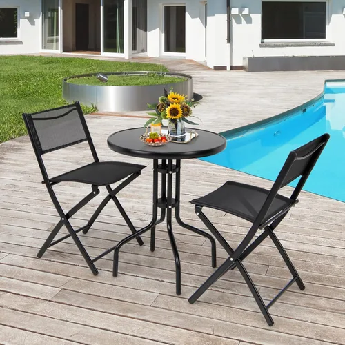 Miniatura 2 de Tangkula Juego de 3 piezas plegables para patio, sillas plegables y mesa con mesa de vidrio templado, mesa redonda y sillas plegables, juego