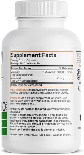 Miniatura 2 de Bronson Suplemento de Vitamina K2 D3 (MK7) Fórmula No-GMO Vitamina D3 5000IU (125 mcg) y 90 mcg K2 MK-7, Complejo D y K Fácil de Tragar, 60 Cápsulas