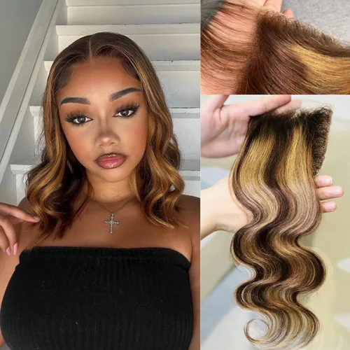 Miniatura 28 de ALHER Long Deep Part 2x6 Closure Body Wave Honey Blonde Highlight, Ombre Brown and Blond 2x6 Kim K Transparent HD Lace Closure Pre Plucked With Baby