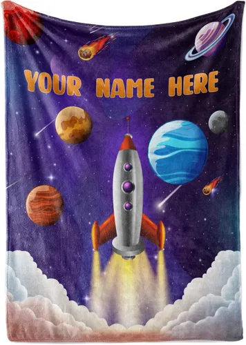 Manta personalizada con diseño de cohete para niños, bonita manta con nombre personalizada para niños y niñas, divertido espacio exterior, galaxia y