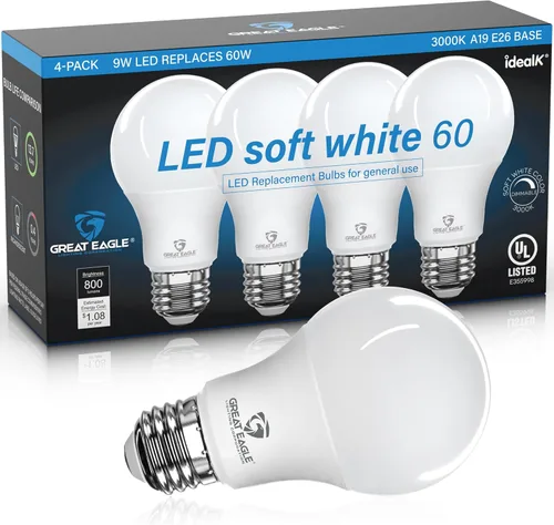 Miniatura 9 de Great Eagle - Bombilla LED A19, 9 W (equivalente a 60 W), certificación UL, luz diurna de 5000 K, regulable, repuesto estándar (paquete de 4)