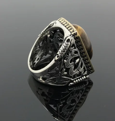 Miniatura 7 de KAR Anillo grande de plata de ley 925K con sello de ojo de tigre I1P