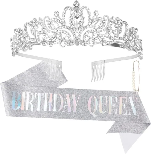 Miniatura 10 de CAVETEE Faja y tiara dorada para cumpleaños - Coronas de fiesta para mujer