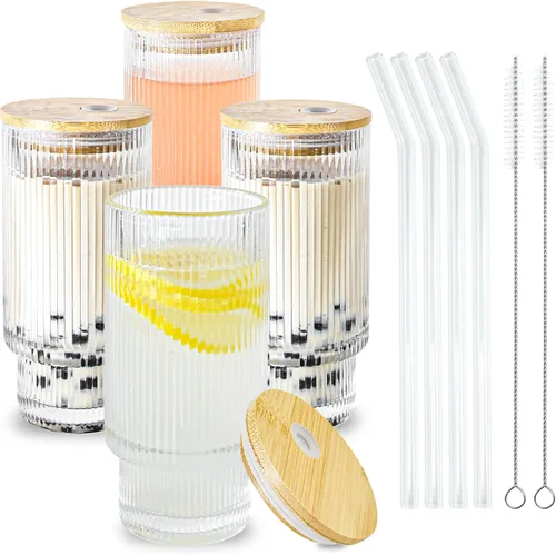 Miniatura 8 de Juego de taza de café de vidrio de 16 onzas con tapas y pajita Vintage Begonia, Dishwasher Safe, Natural Bamboo Lid, Car Hold Friendly, Non-slip